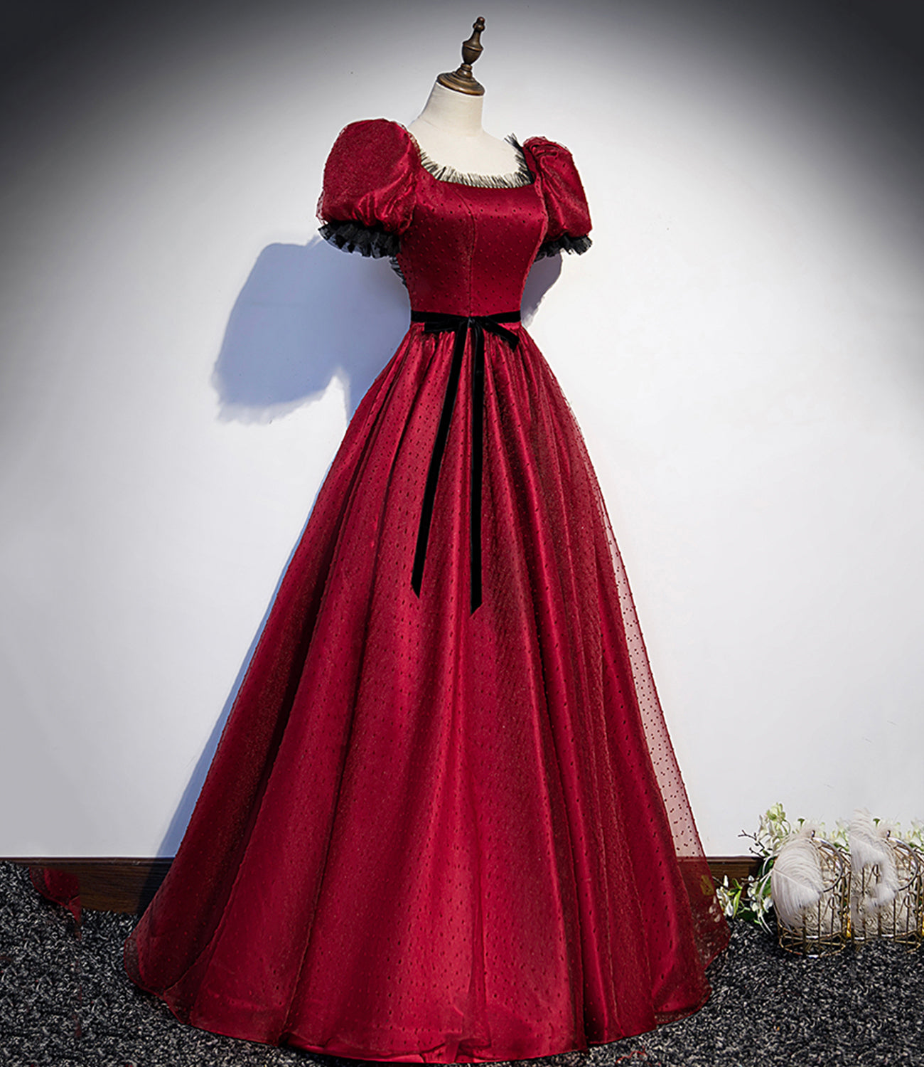 Burgundy tulle long A line prom dress evening dress 8839