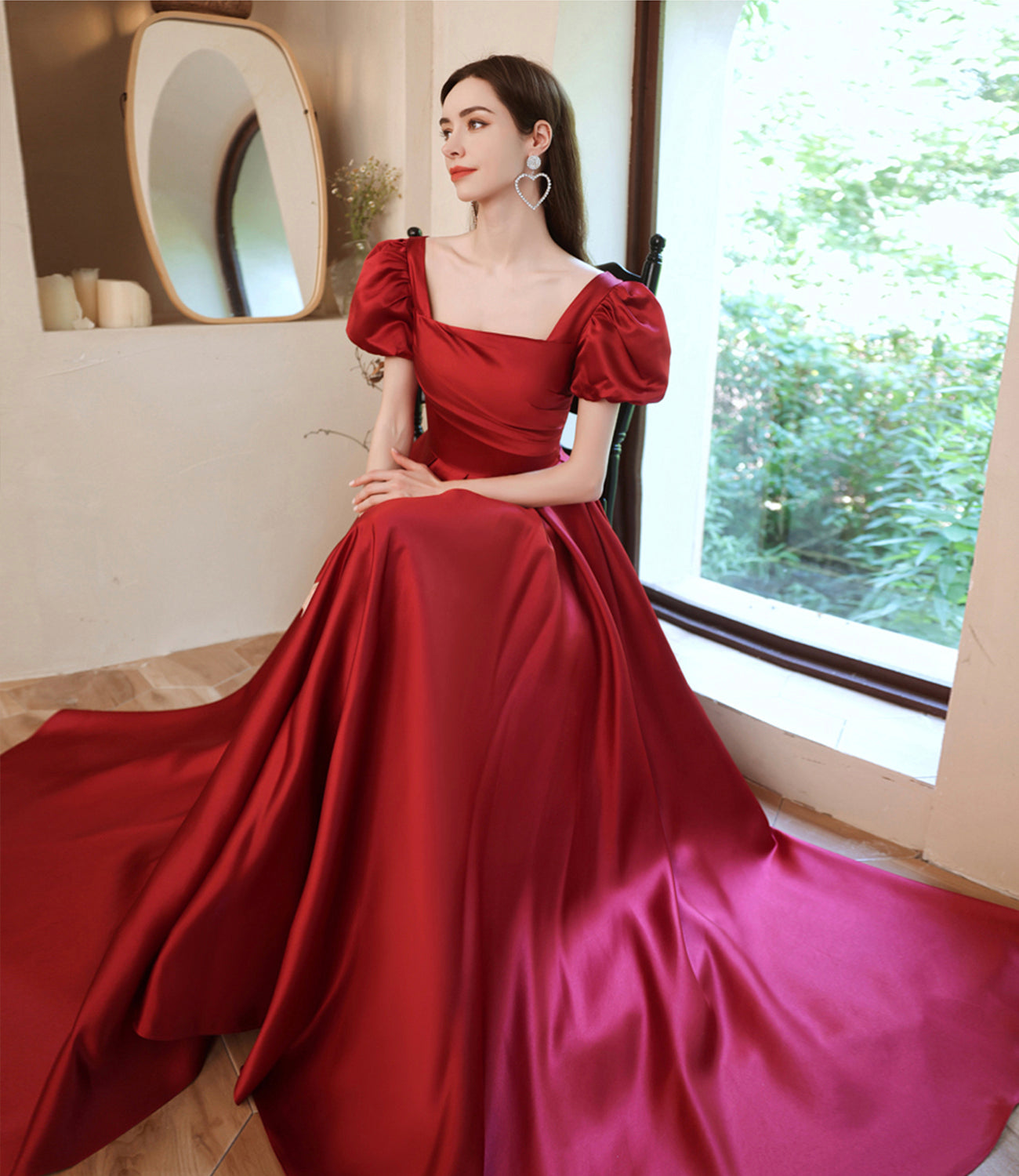 Burgundy satin long A line prom dress evening dress 8829