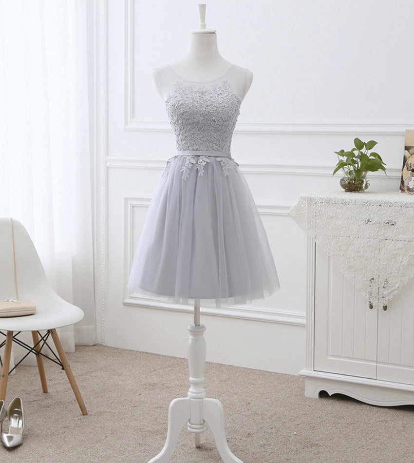 Gray tulle lace prom dress A line evening dress 8442