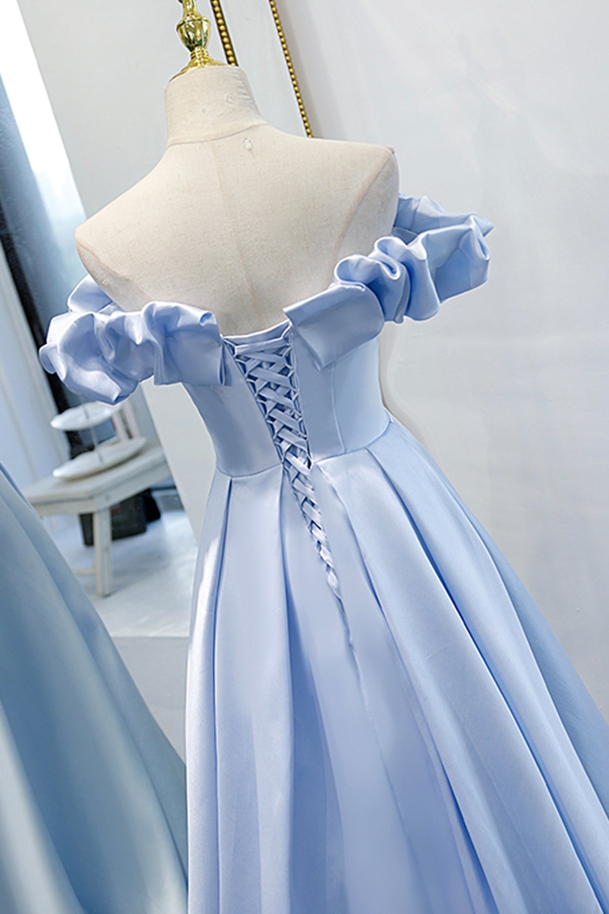 Blue satin long A line prom dress blue evening dress 8746
