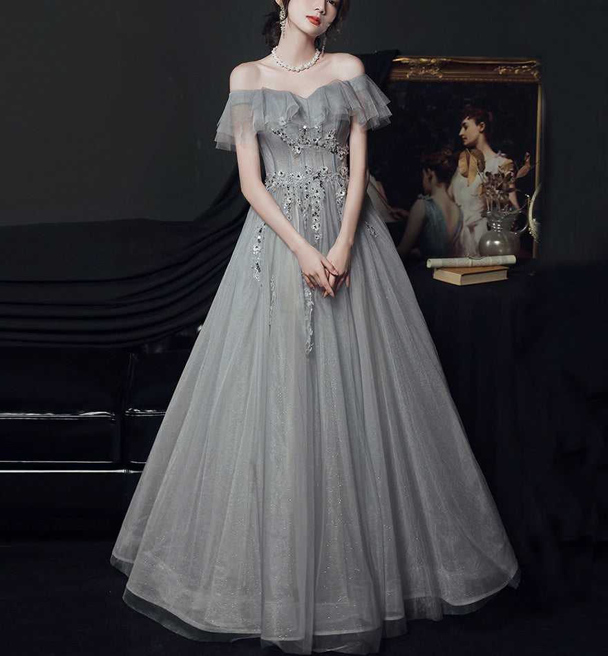 Gray tulle lace long prom dress evening dress 8436