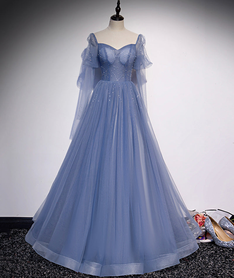 Blue tulle long prom dress simple evening dress 8430
