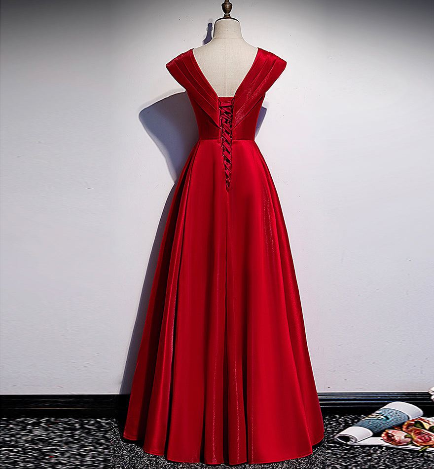 Burgundy v neck satin long prom dress evening dress 8384
