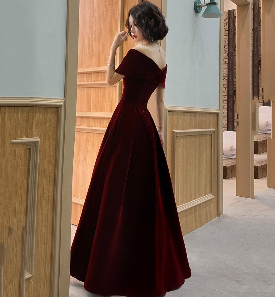 Burgundy Elegant Fashion Strapless Long Velvet Ball Gown Evening Dress 8482