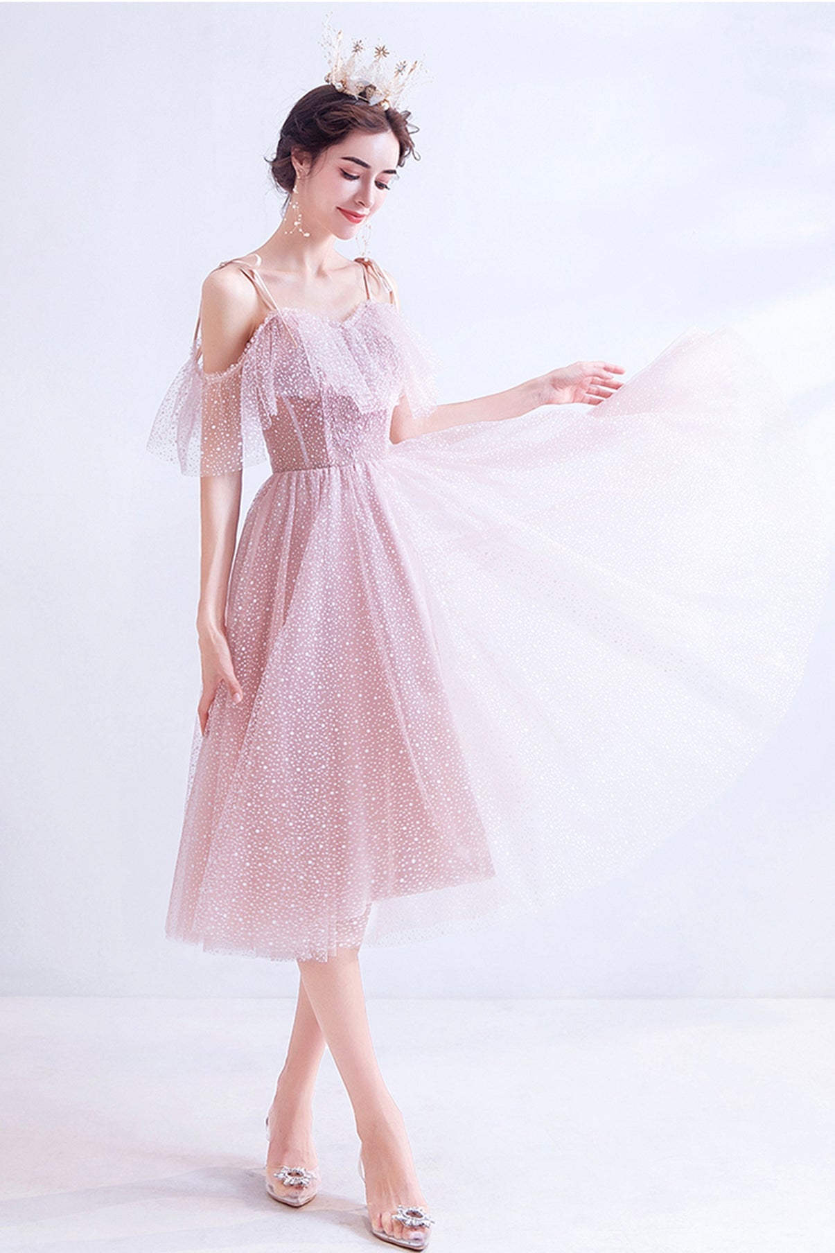 Pink tulle short A line prom dress homecoming dress 8729