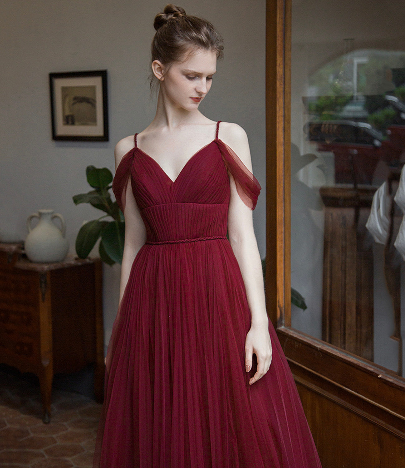 Burgundy tulle long prom dress simple evening gown 8941