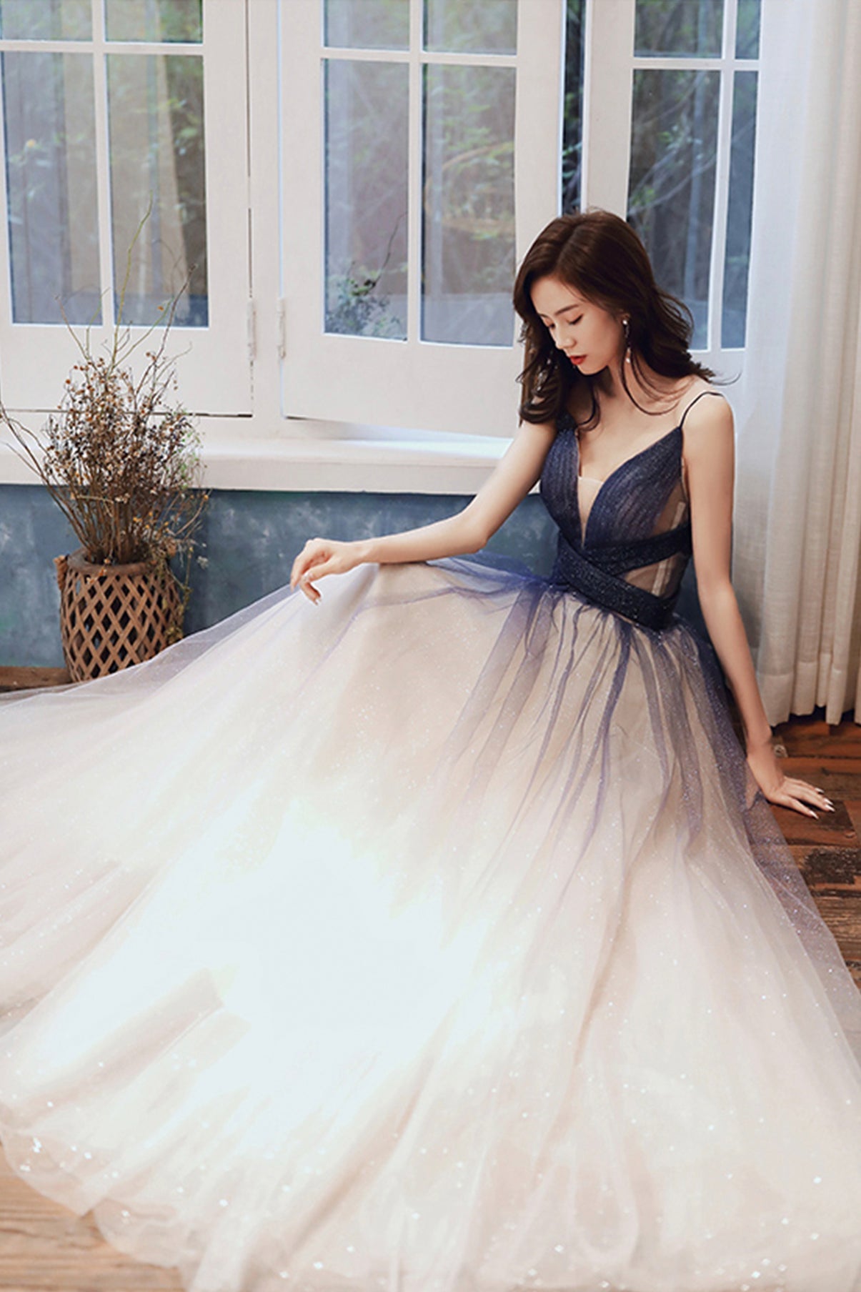 Stylish v neck tulle long A line prom dress blue evening dress 8725
