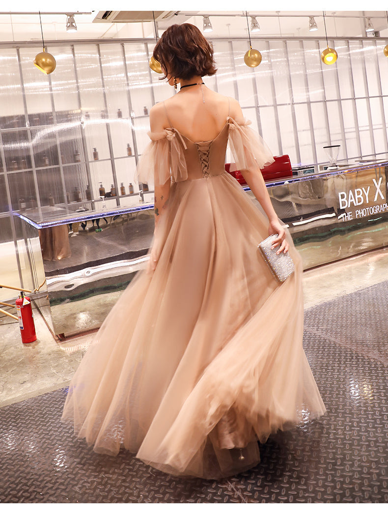Coffee tulle lace long prom dress evening dress 8212