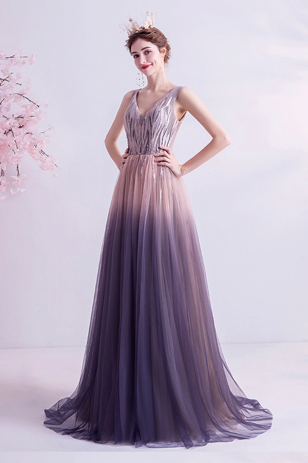 Purple gradient tulle long A line prom dress evening dress 8749