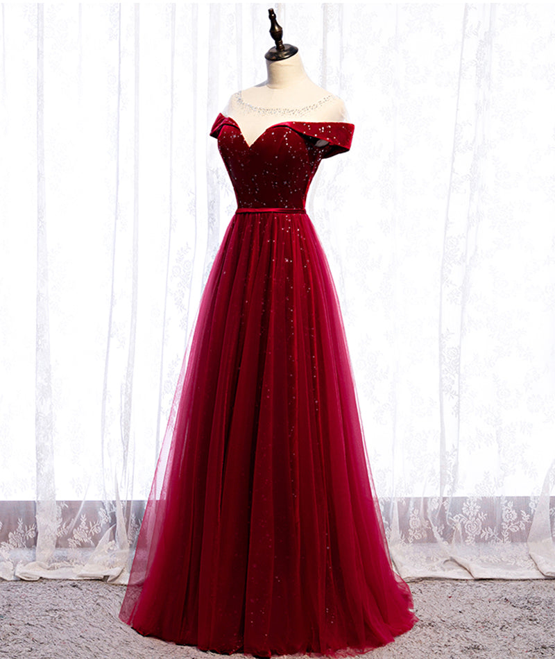 Burgundy velvet tulle long prom dress evening dress 8400