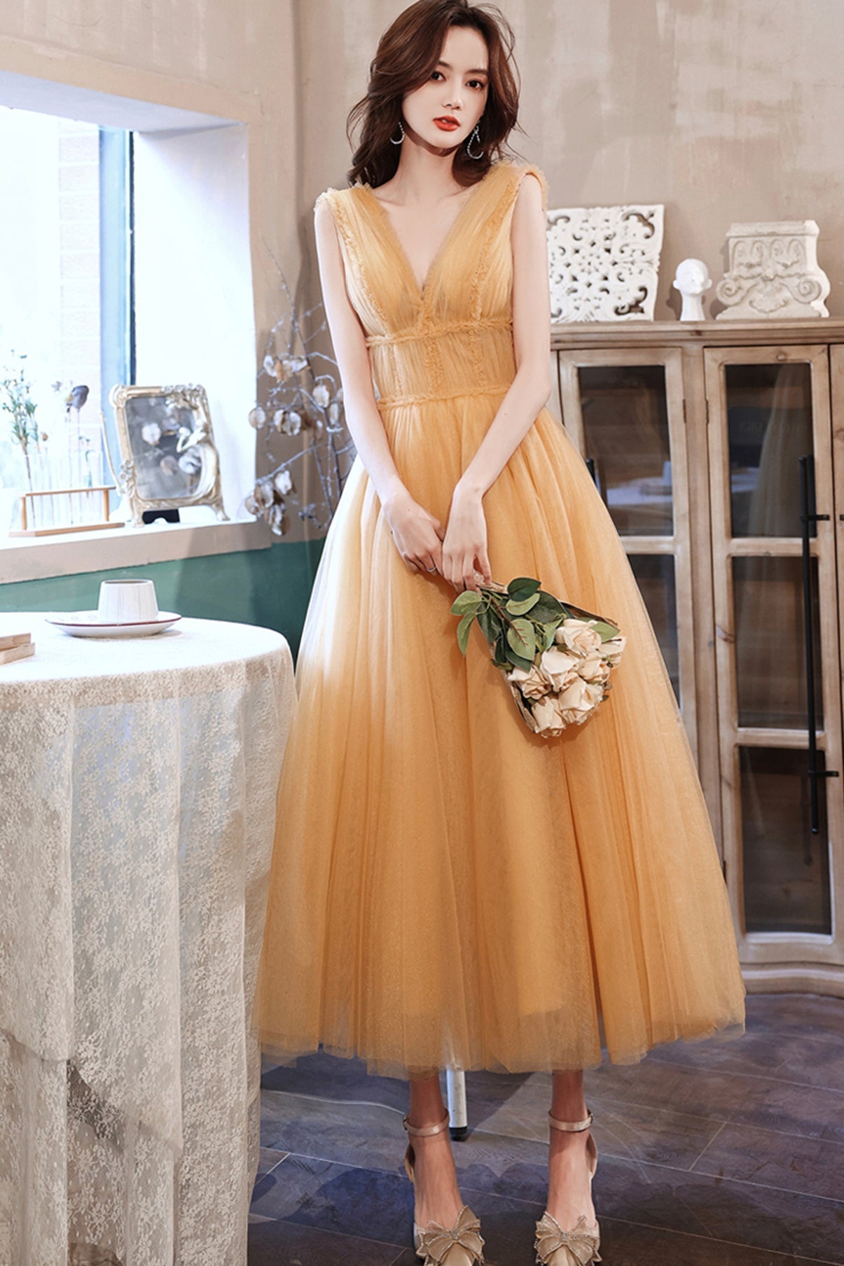 Yellow tulle tea length prom dress evening dress 8780