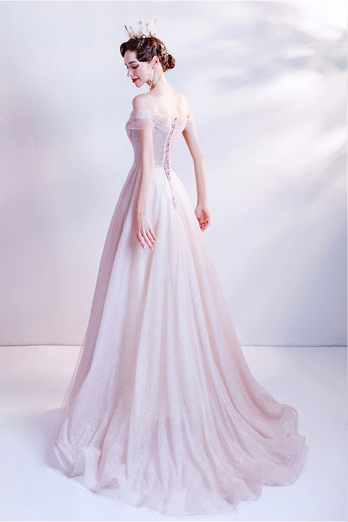 Pink tulle long A line prom dress pink evening dress 8768