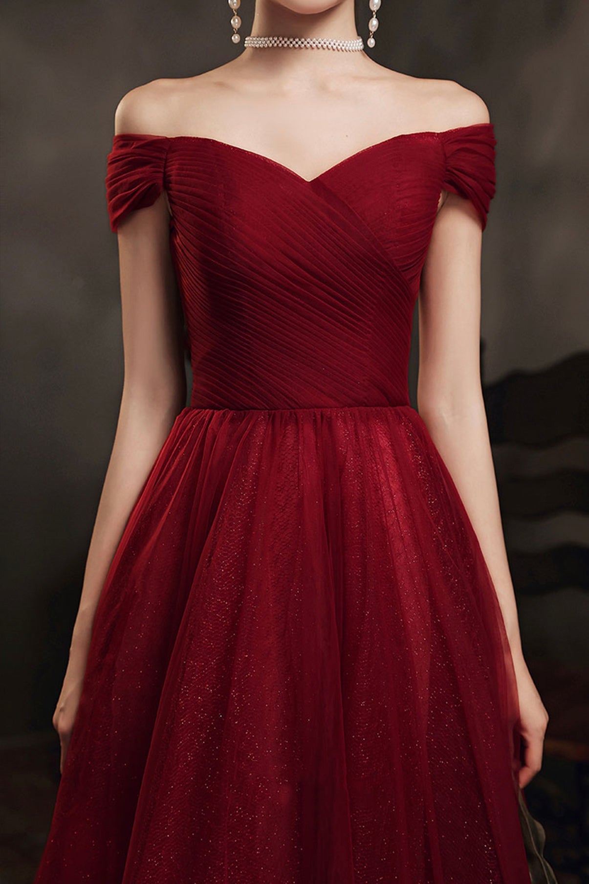 Burgundy tulle long A line prom dress evening dress 8679