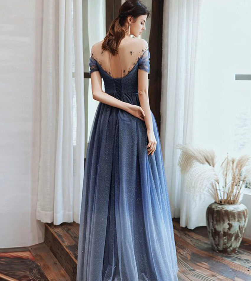 Blue tulle beads long prom dress evening dress 8434
