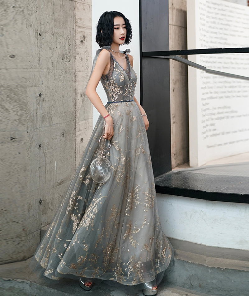 Gray Fashion Elegant V-neck Sequined Long Tulle Ball Gown Evening Dress Ball Gown 8490
