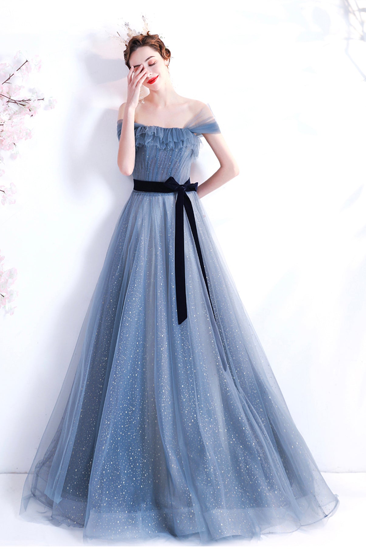 Blue tulle long A line prom dress blue evening dress 8777