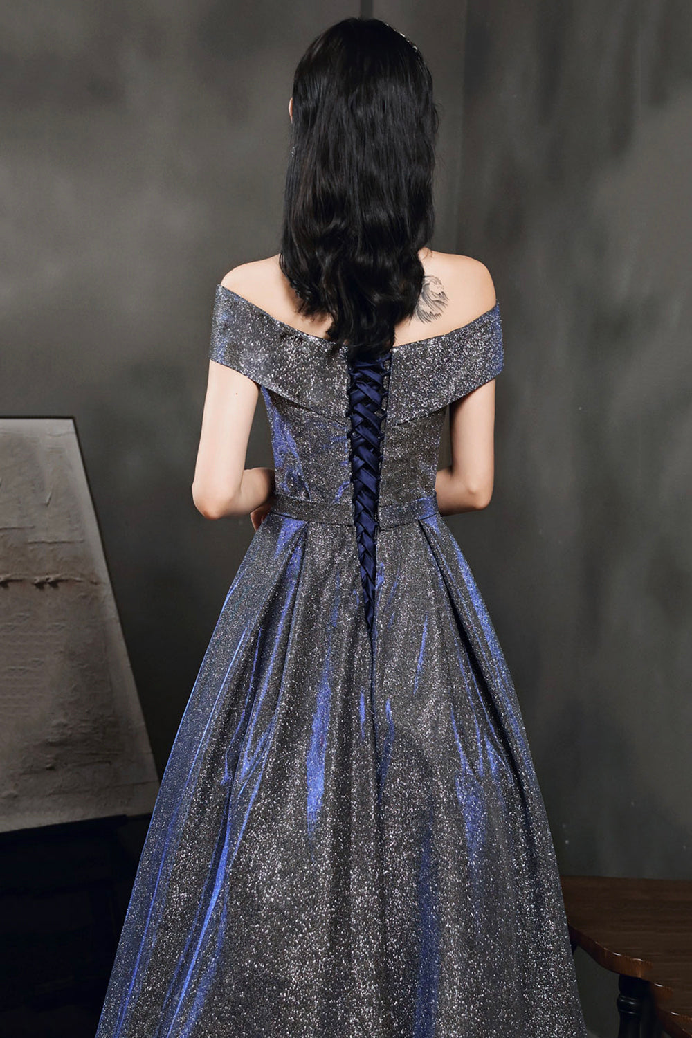 Simple A line v neck long prom dress off shoulder evening dress 8503