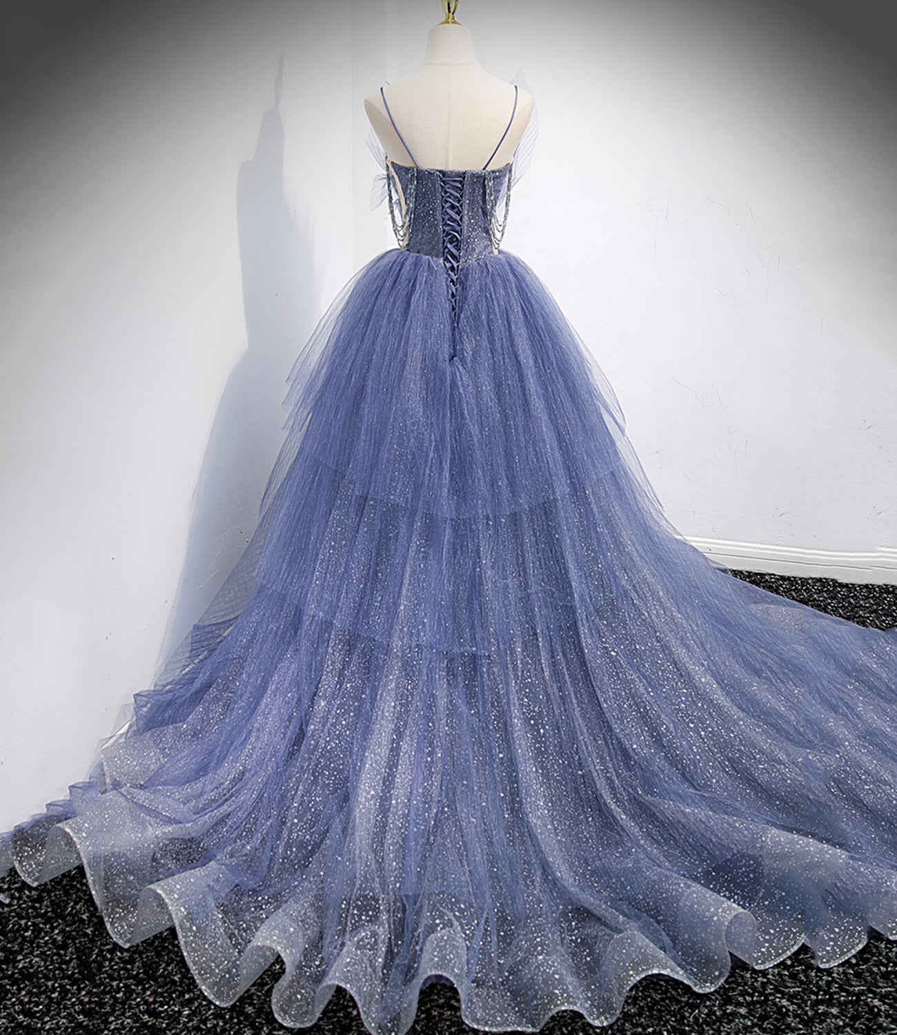 Blue tulle long A line prom dress blue evening dress 8864
