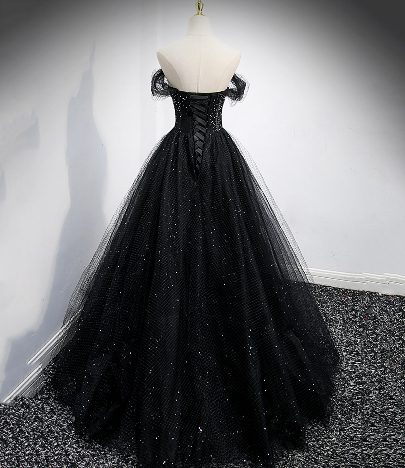Black tulle long A line prom dress black evening dress 8863