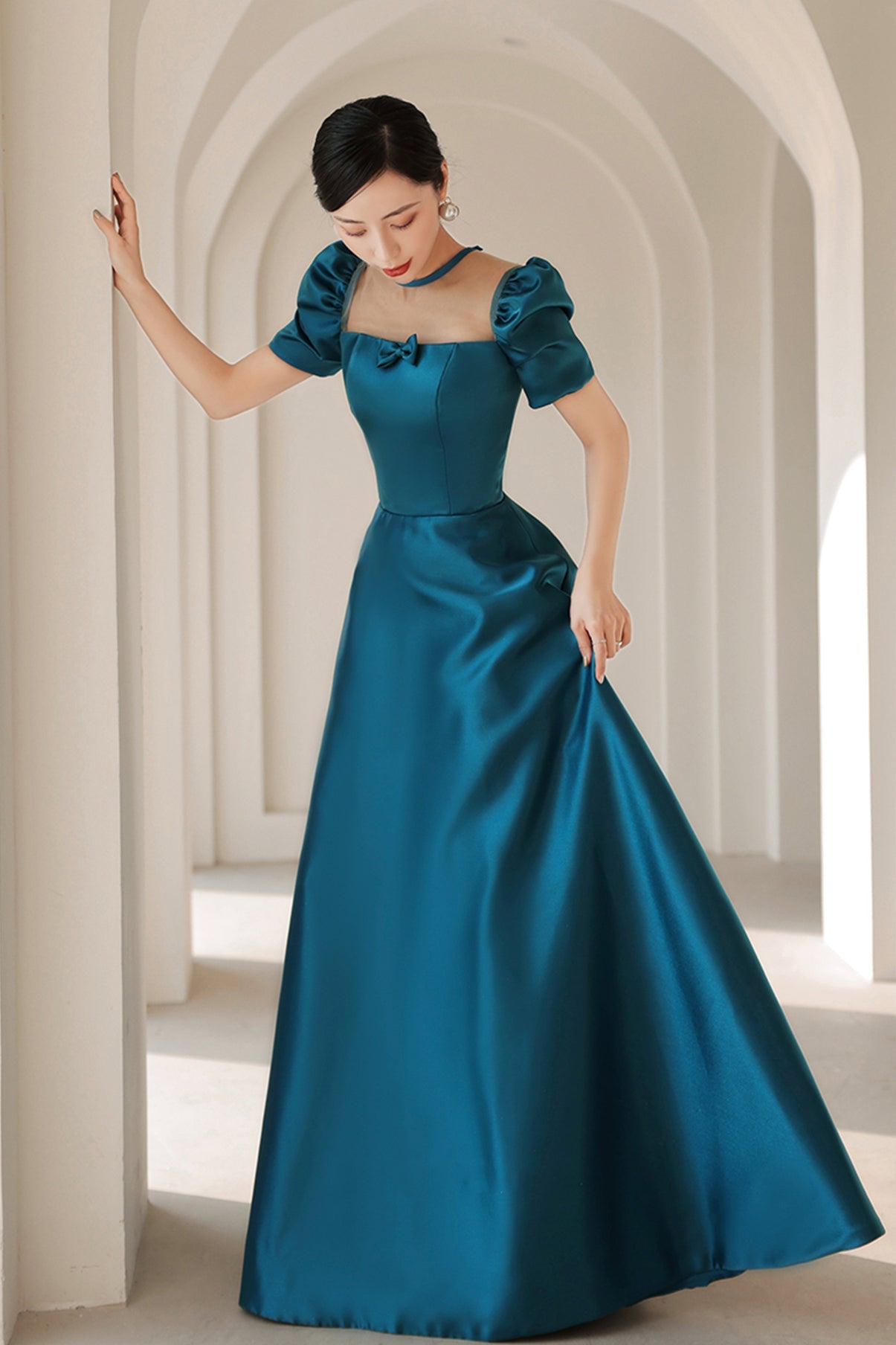 Blue satin long A line prom dress blue evening dress 8784