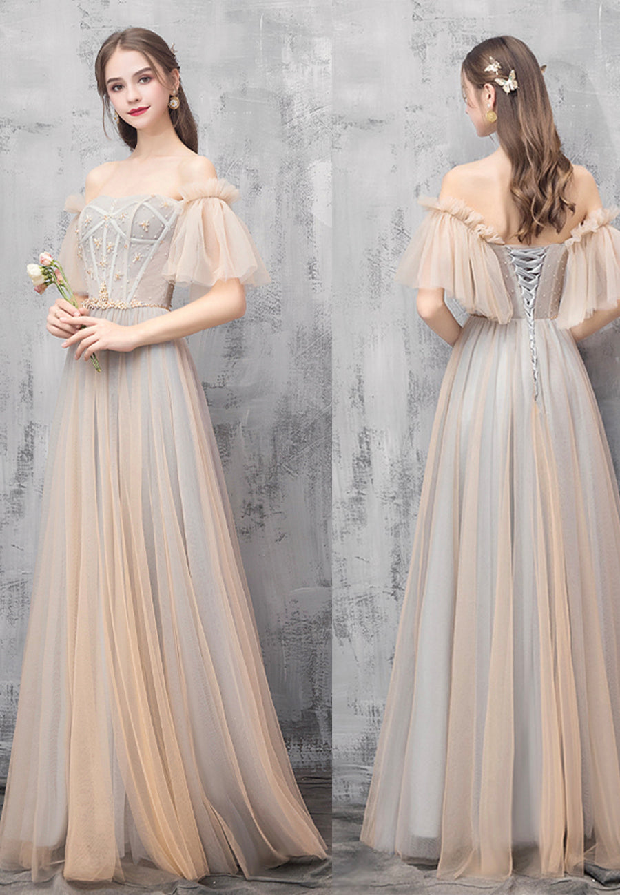 Champagne tulle beads prom dress evening dress 8494