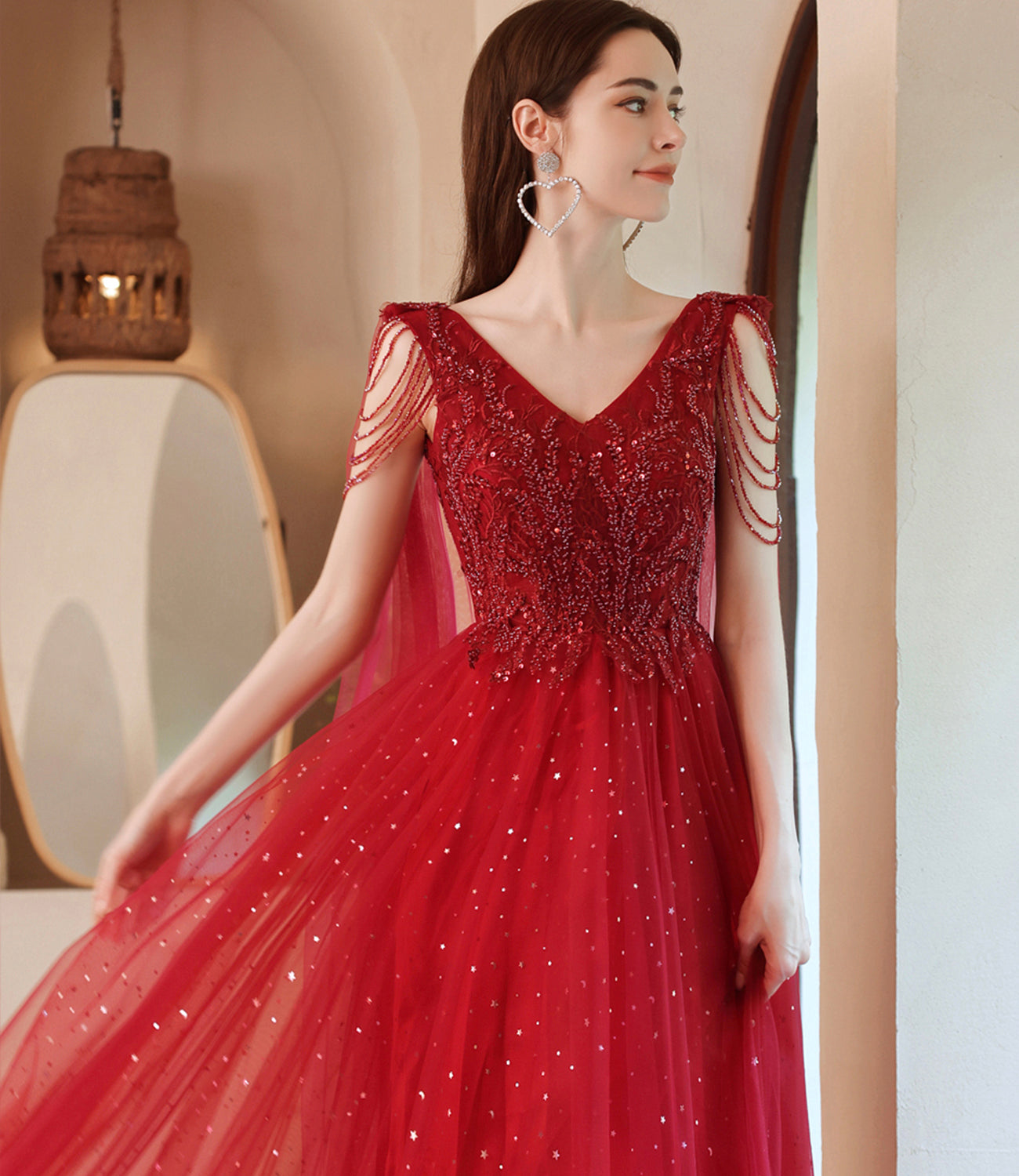 Red tulle beads long A line prom dress evening dress 8794