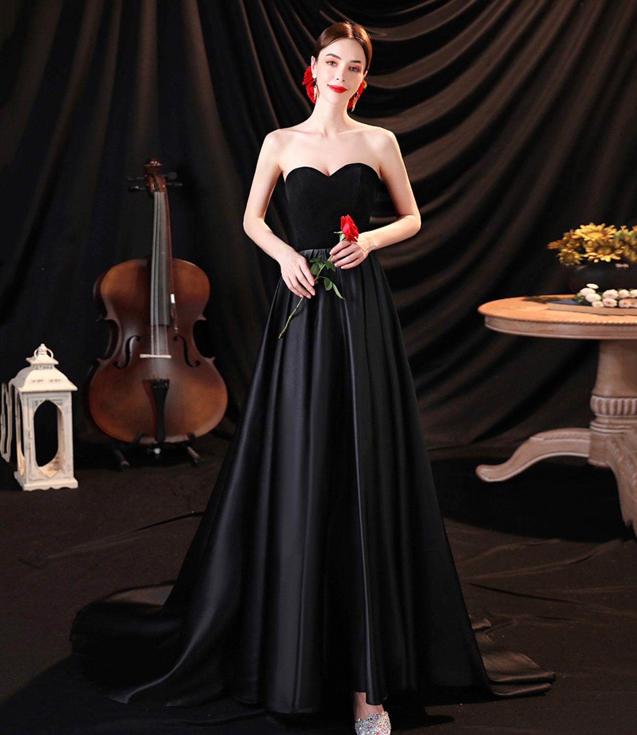 Black satin long A line prom dress black evening dress 8932
