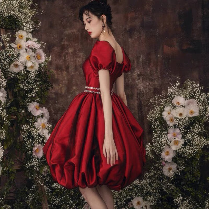Burgundy satin short prom dress homecoming dress 8892