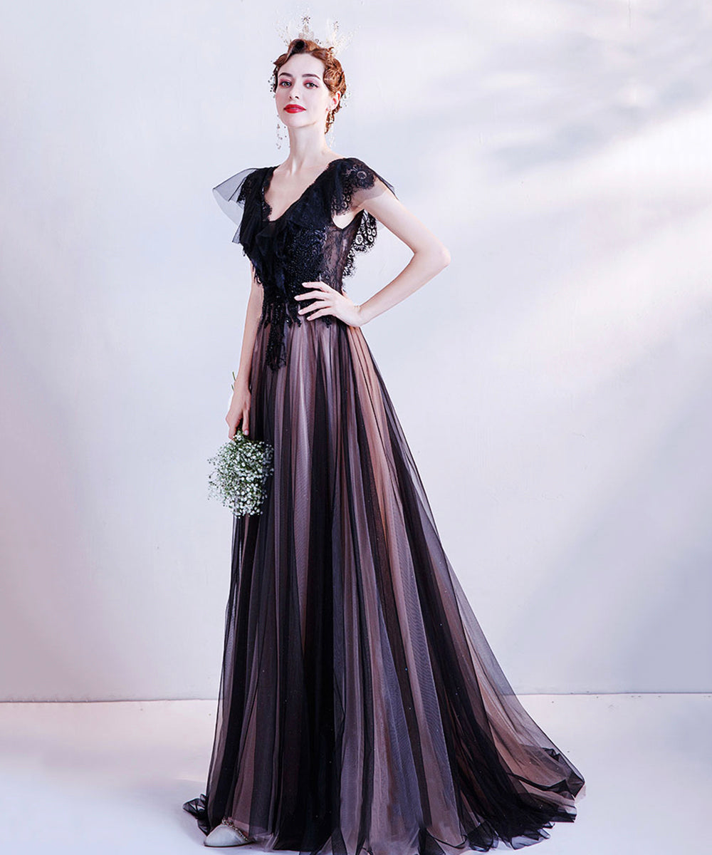 Black v neck tulle long prom dress evening dress 8512