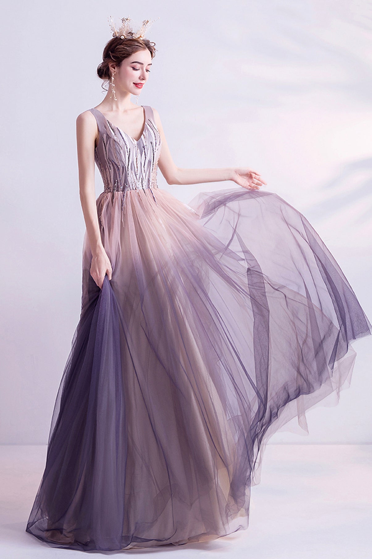Purple gradient tulle long A line prom dress evening dress 8749