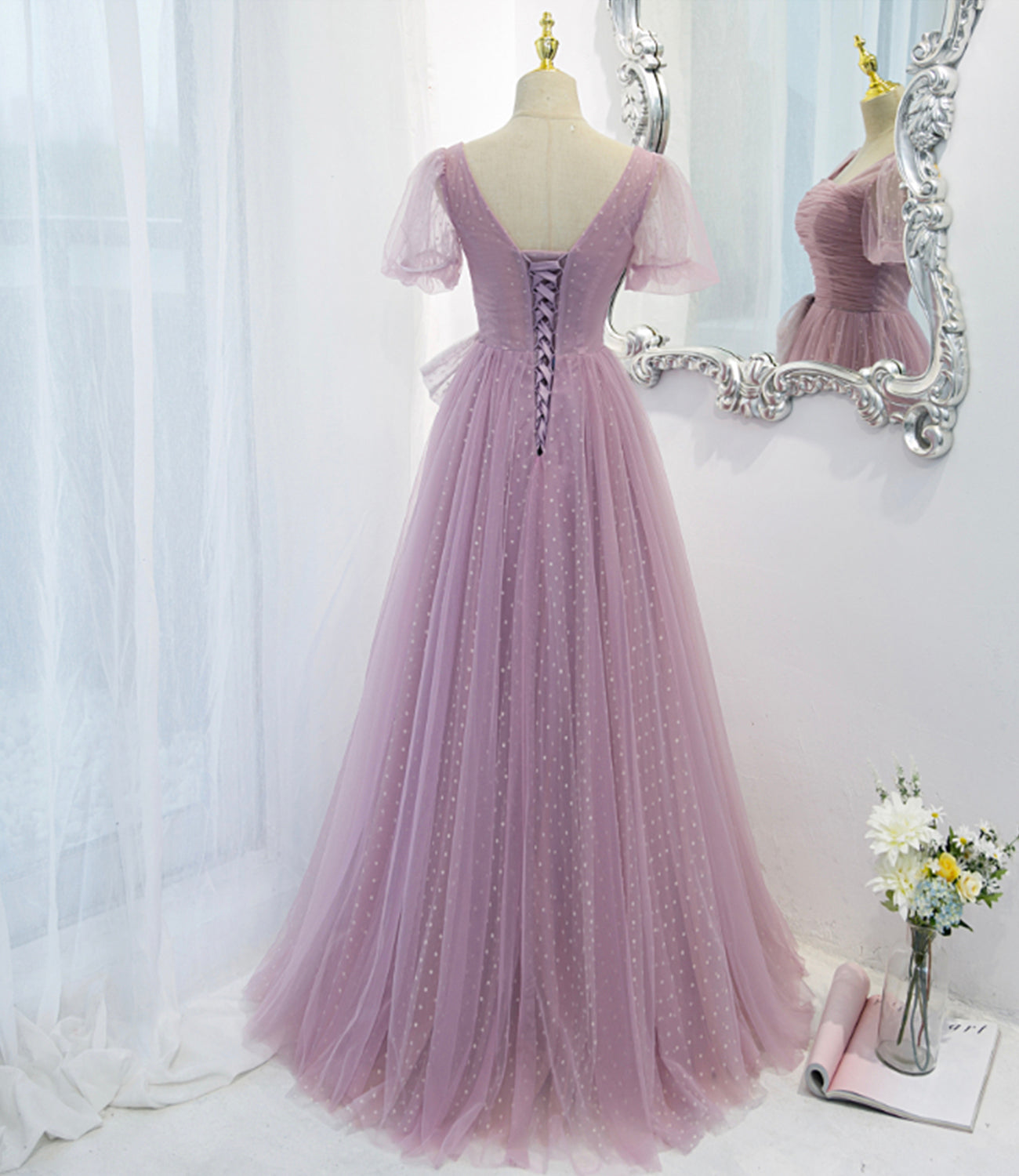 Purple tulle long A line prom dress evening dress 8820