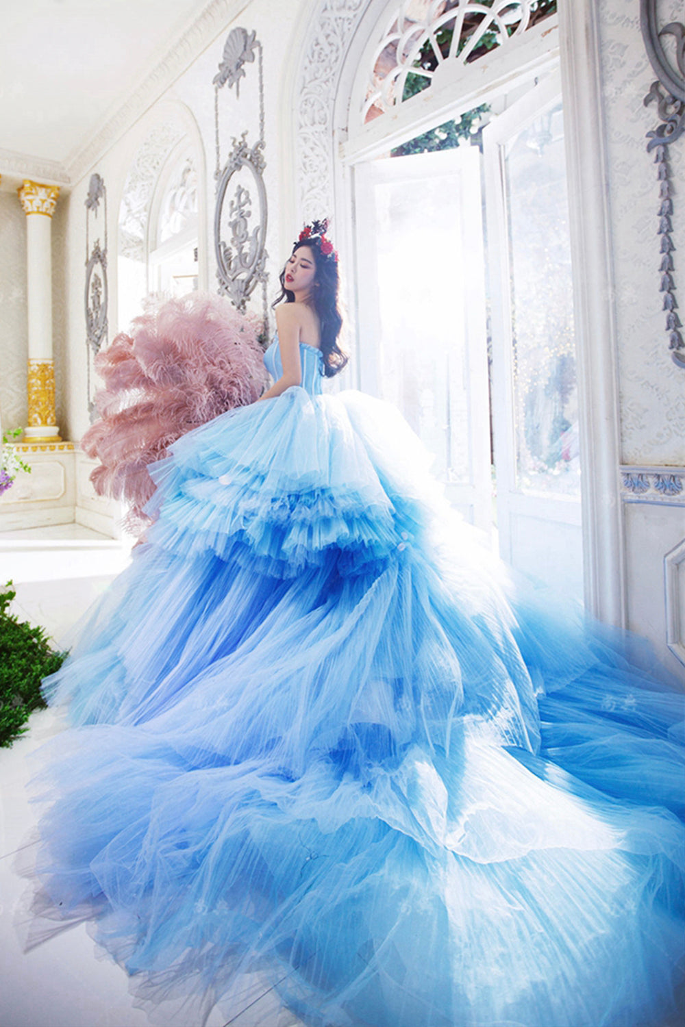 Amazing tulle long prom dress blue evening dress 8516
