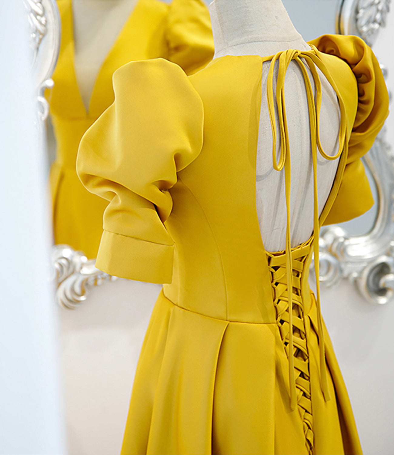 Yellow satin long A line prom dress evening dress 8847