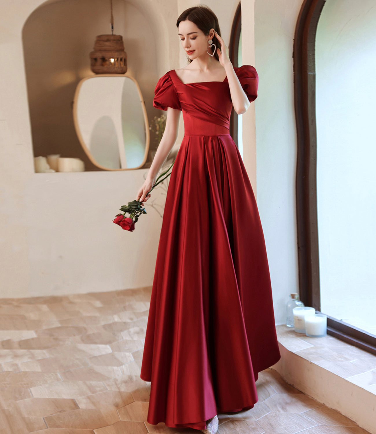 Burgundy satin long A line prom dress evening dress 8829