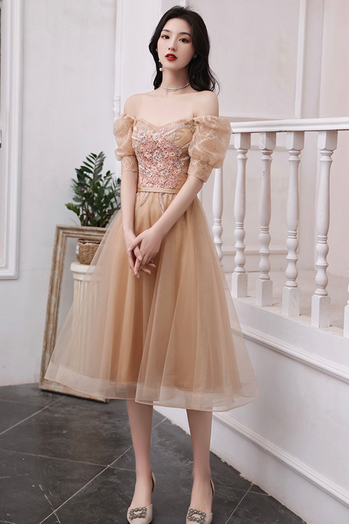 Cute tulle short A line prom dress homecoming dress 8775