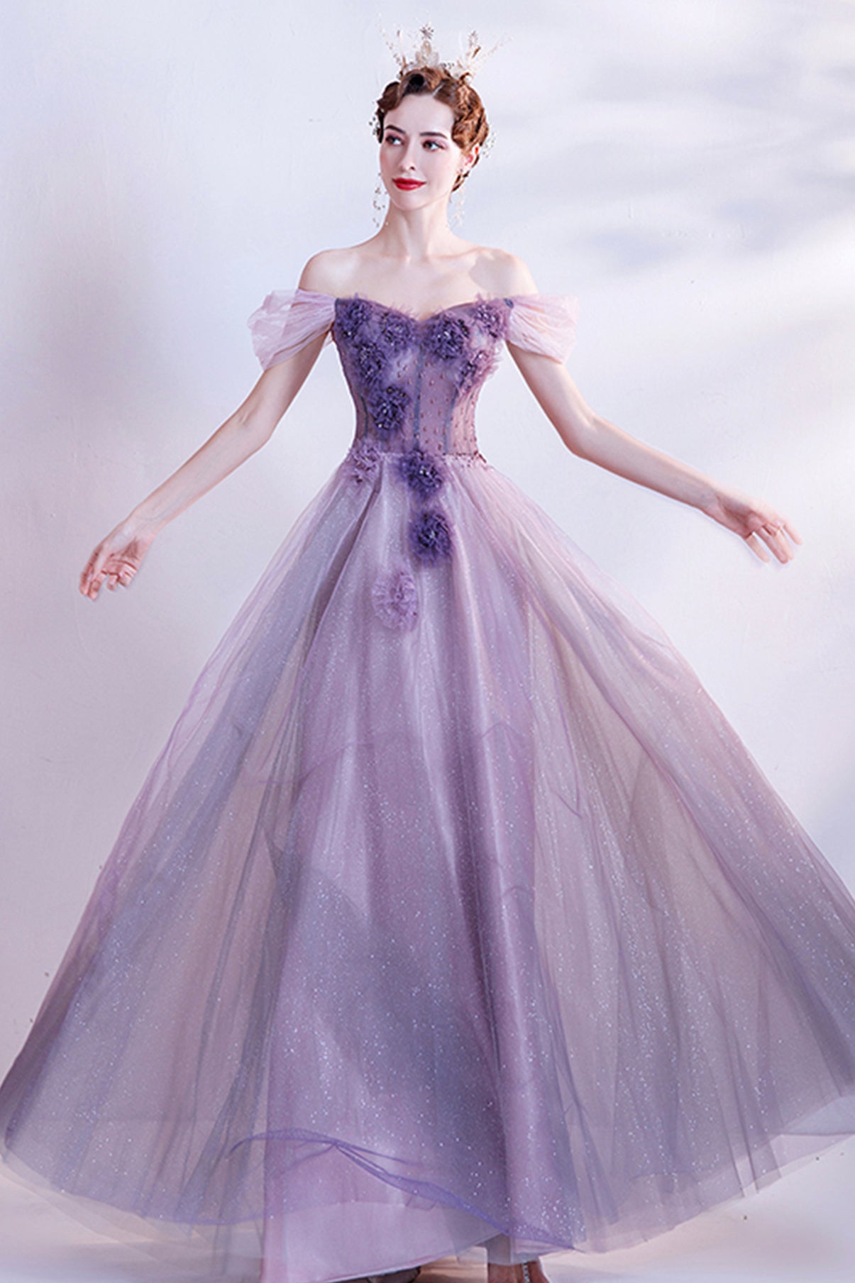 Purple tulle long A line prom dress evening dress 8740