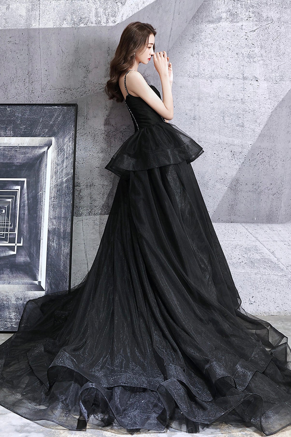 Black tulle long ball gown dress black evening dress 8665