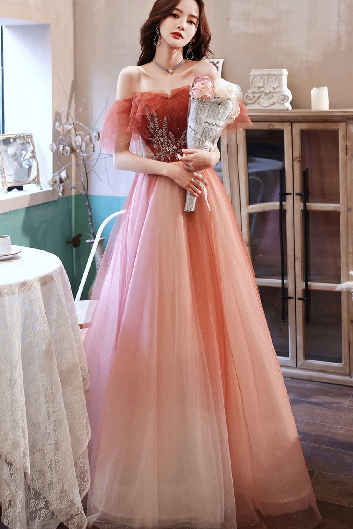 Stylish tulle long A line prom dress evening dress 8779