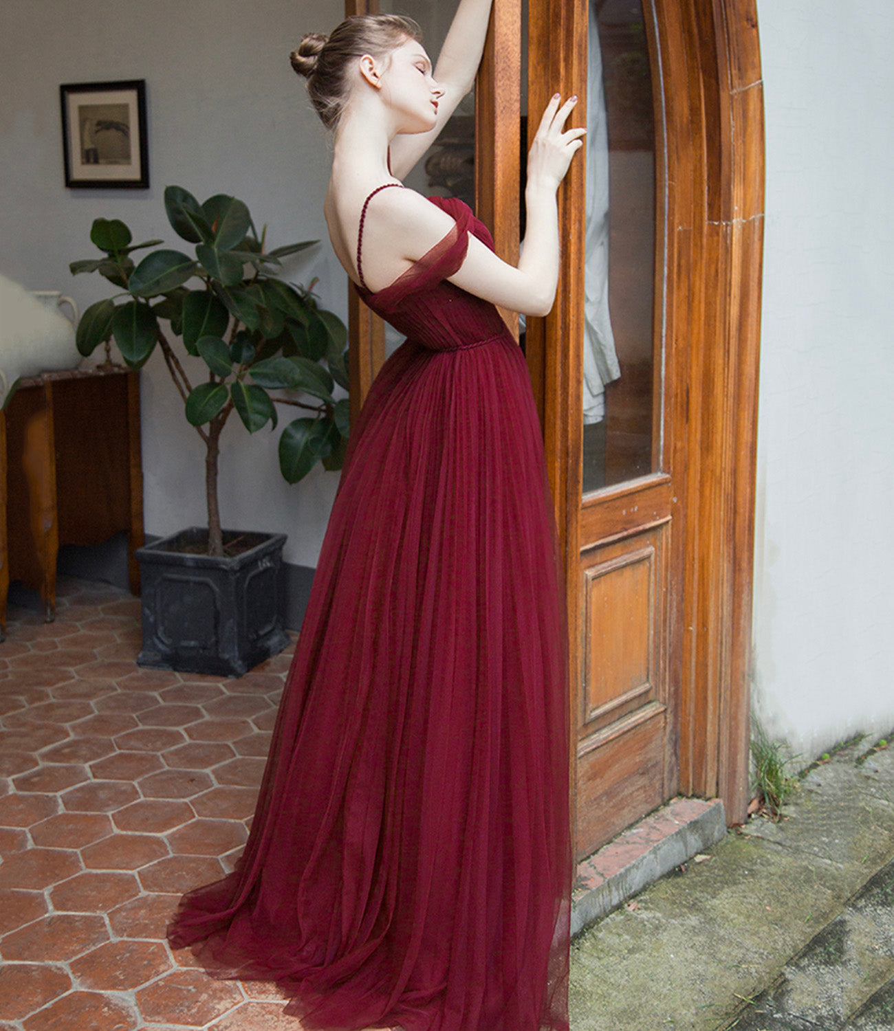Burgundy tulle long prom dress simple evening gown 8941