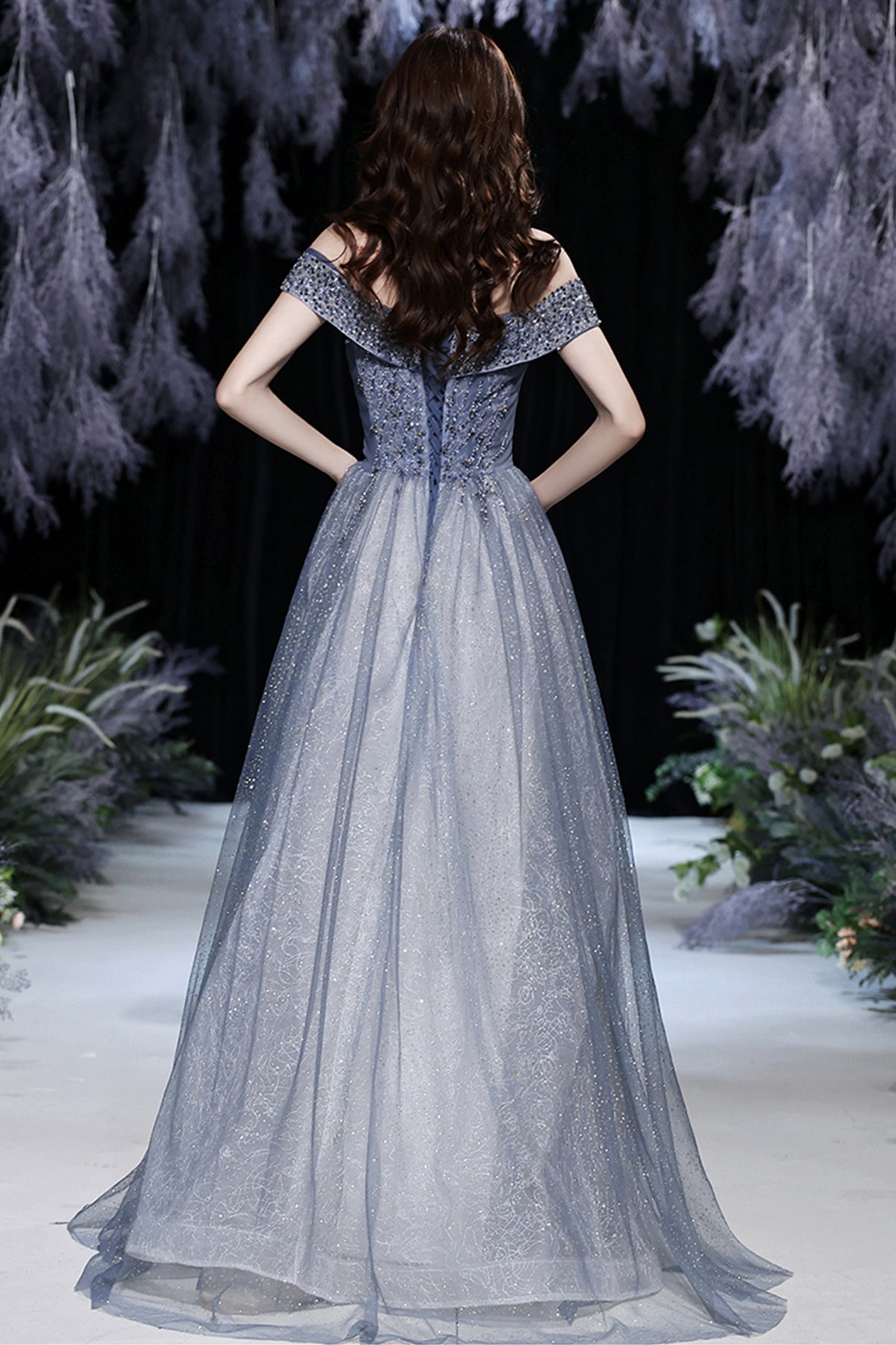 Grey tulle beads long prom dress shiny evening dress 8569