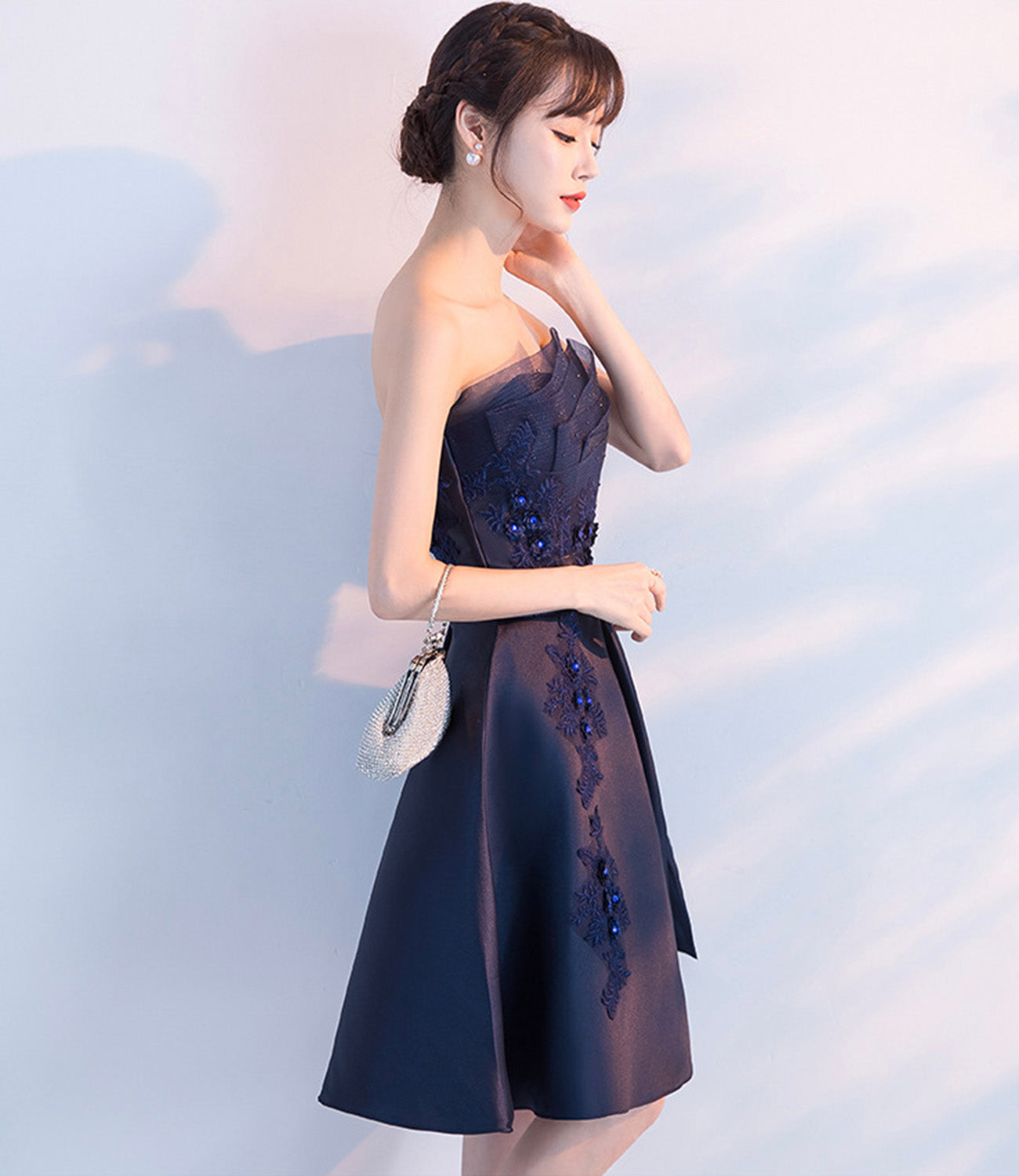 Cute satin short prom dress lace evening dress 8939