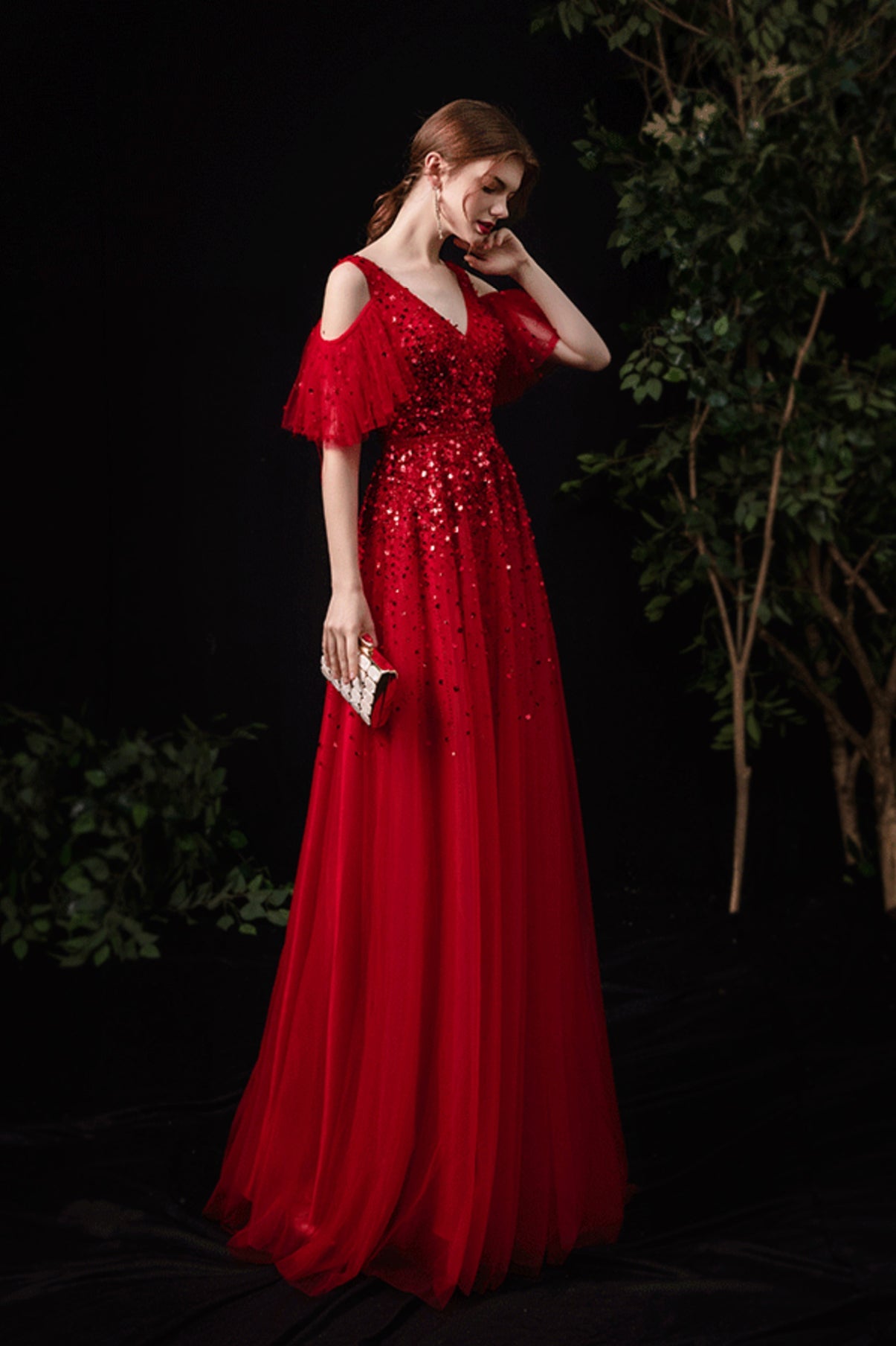Red tulle sequins long A line prom dress red evening dress 8737