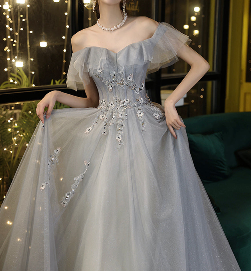 Gray tulle lace long prom dress evening dress 8436