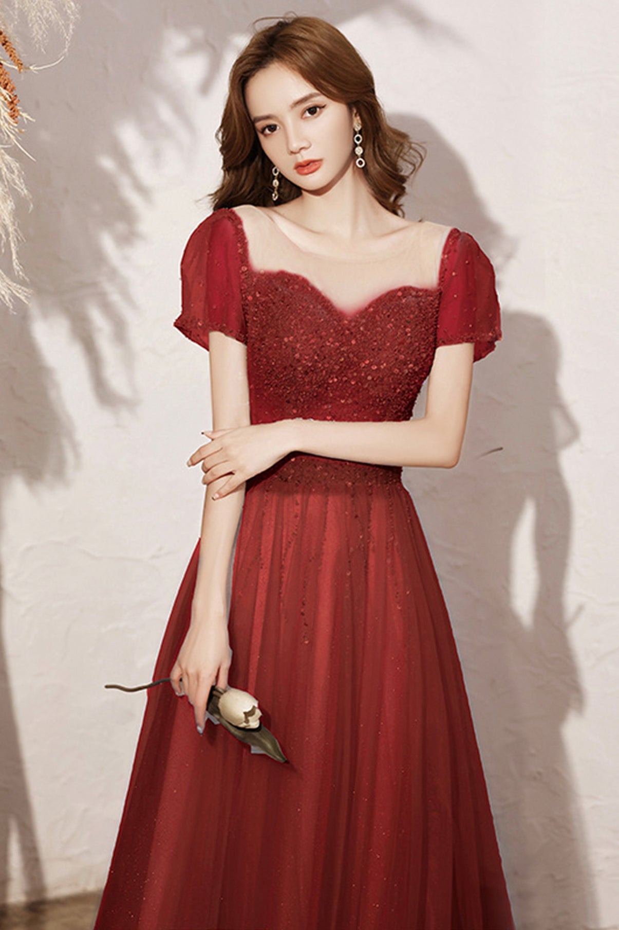 Cute tulle beads long A line prom dress evening dress 8727