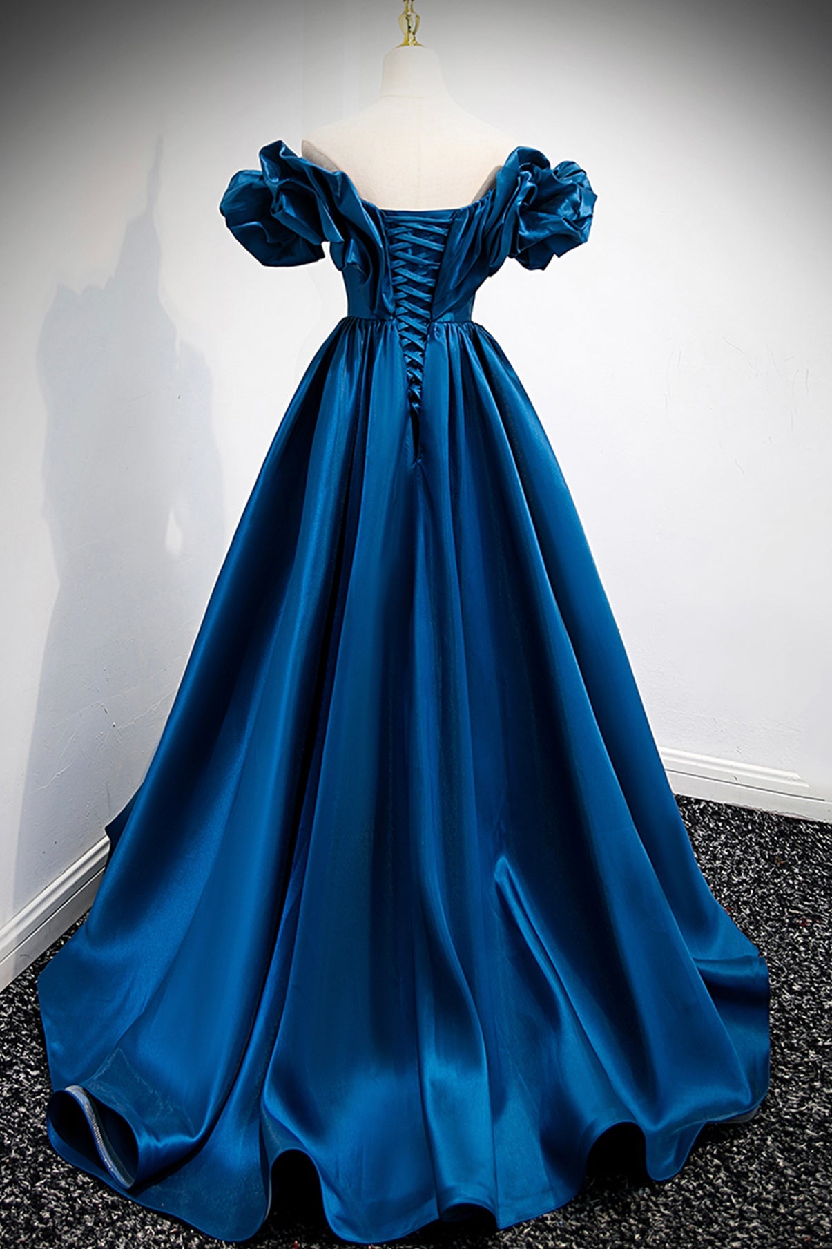Blue satin long A line prom dress blue evening dress 8877