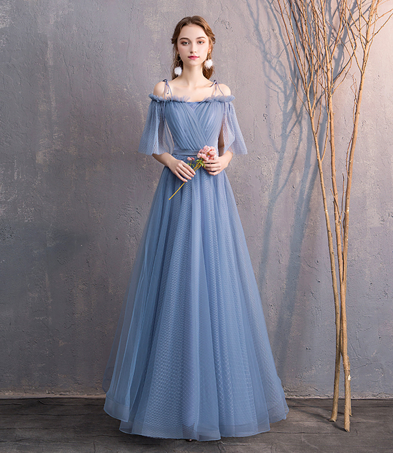 Blue tulle long prom dress simple evening dress 8866