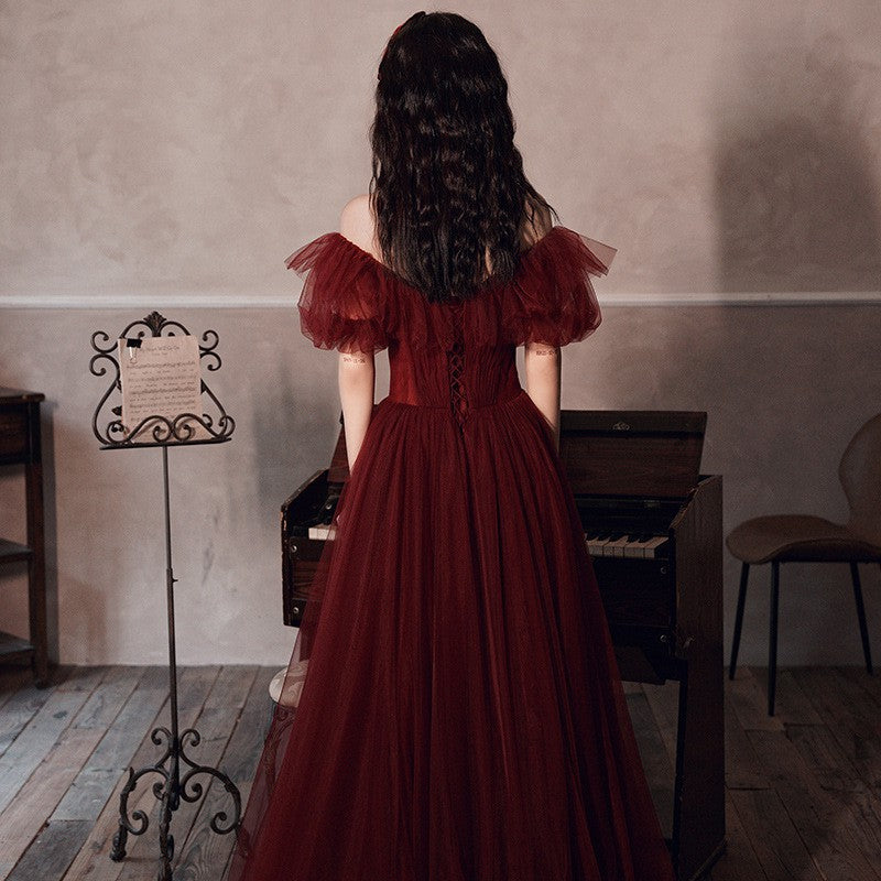 Burgundy tulle long prom gown formal dress 8435