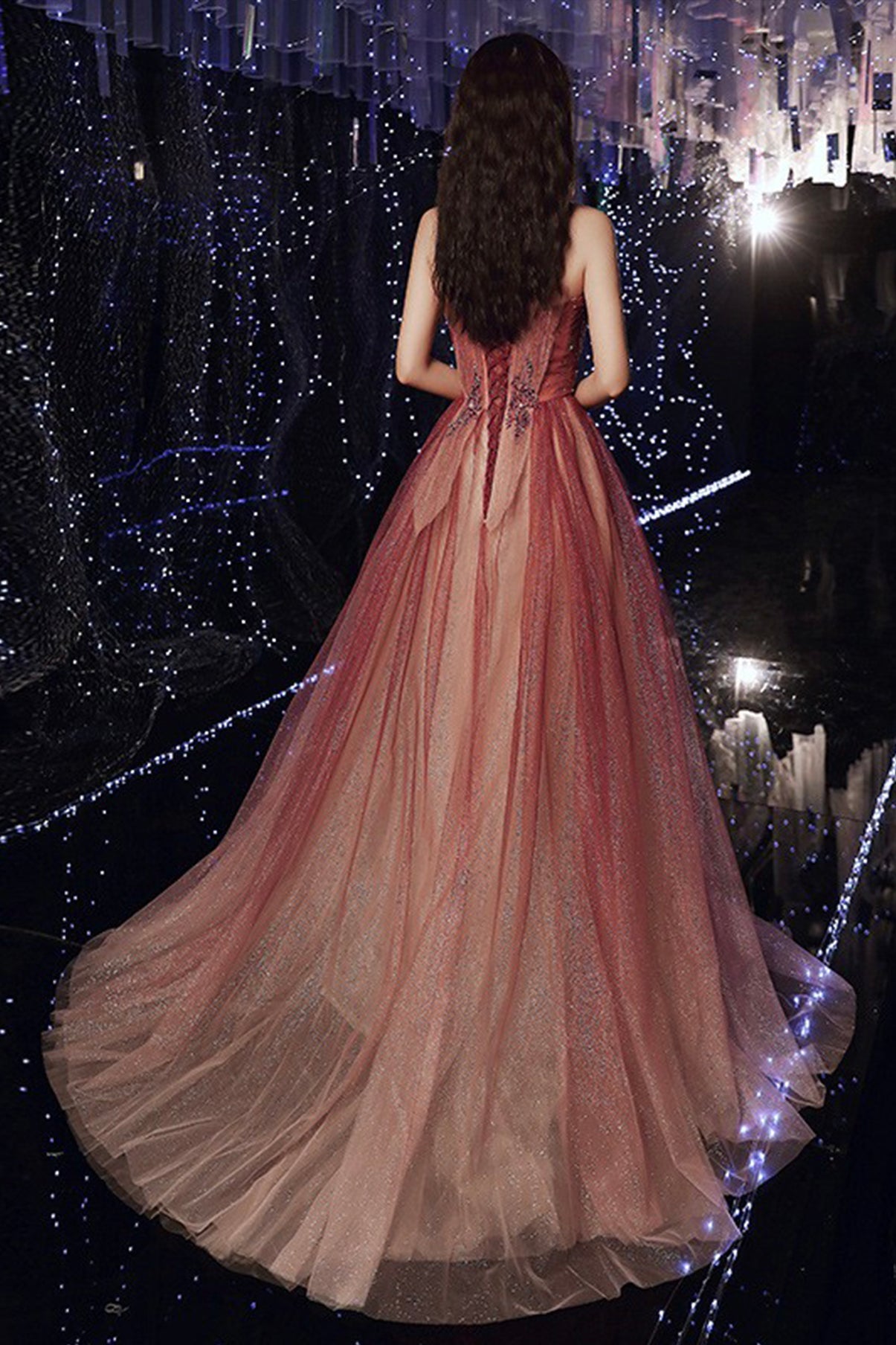 Shiny tulle sequins long prom dress A line evening dress 8580