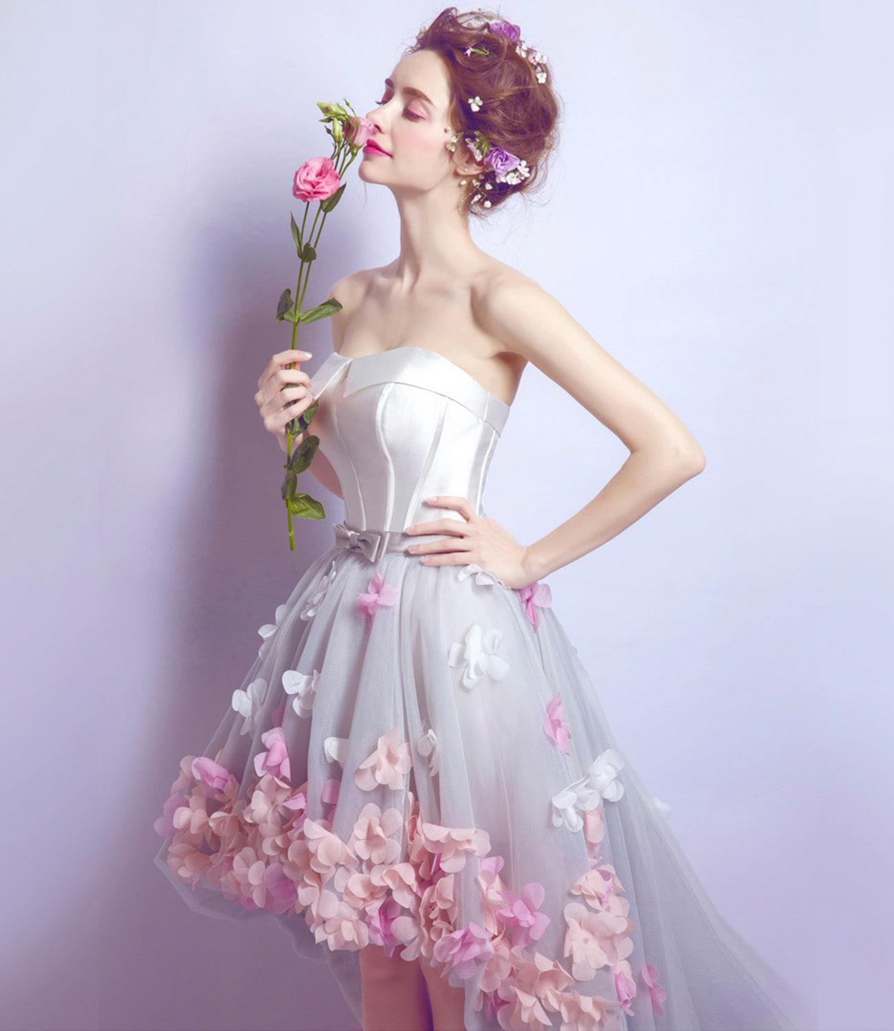 Cute tulle high low prom dress white evening dress 8899