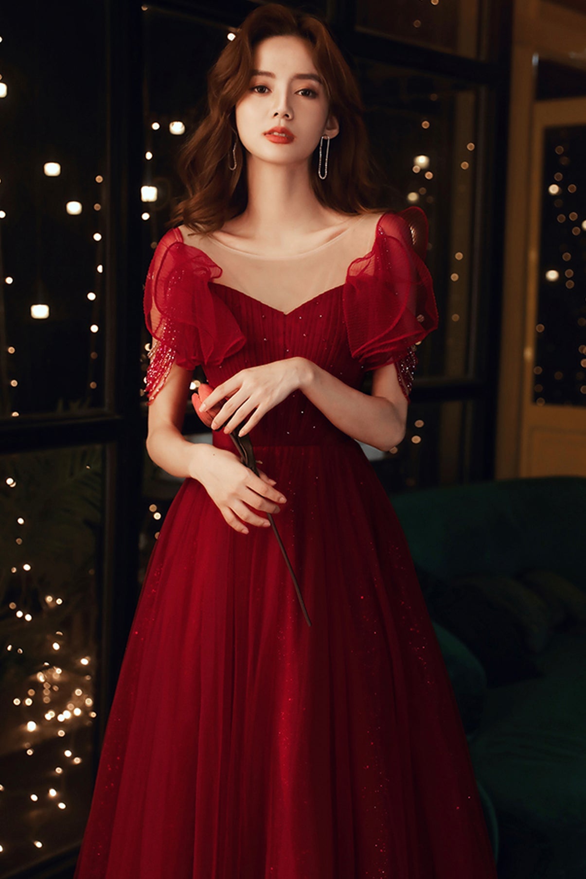 Burgundy tulle long A line prom dress evening dress 8680